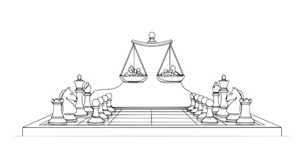 Chessboard with Scales of Justice balancing chess pieces, symbolizing strategic decision-making in law. © Lancar