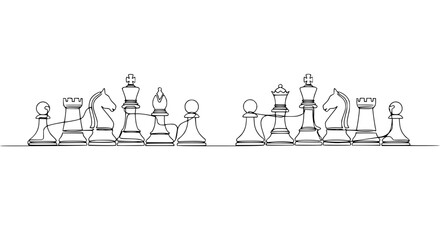 Continuous line drawing of chess pieces facing each other on a white background © Lancar
