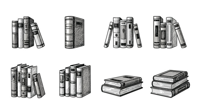 Artistic collection of vintage hand drawn sketches displaying classic books arranged on library shelves and in piles.