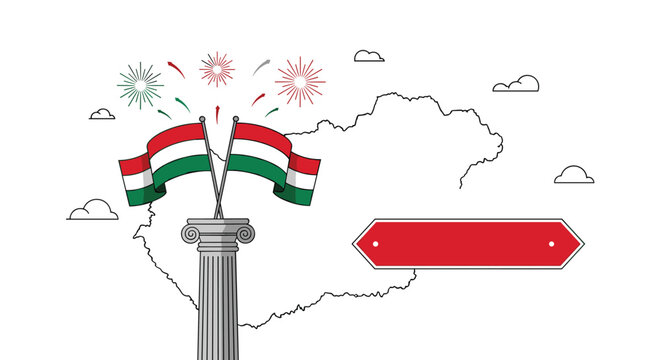 Hungarian national flag flying on a classical stone column against a outline map of Hungary and vibrant festival fireworks.