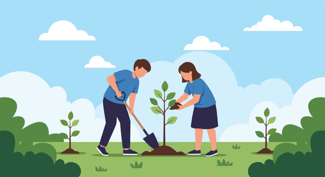 Boy and girl working together to plant a young green tree sapling in a beautiful sunny park for environment protection.