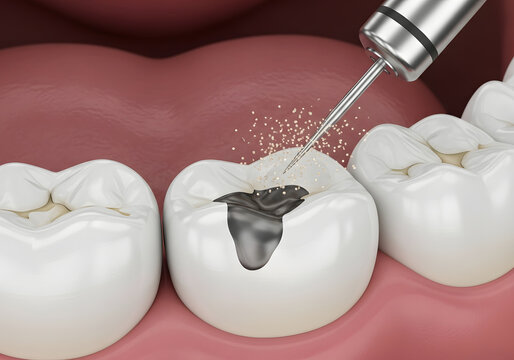 Dental drill removing decay from a molar tooth with an amalgam filling in a professional dental clinic procedure