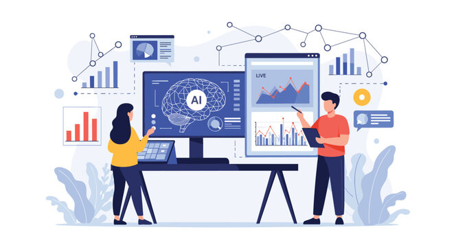 Analytics specialists evaluating artificial intelligence algorithms and statistics on screens displaying deep brain data.