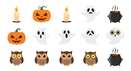 Fototapeta premium Collection of cute pixel art Halloween icons including spooky ghosts, pumpkins, owls, and boiling cauldrons.