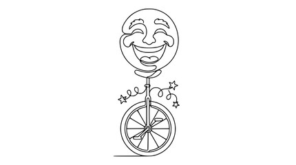 Joyful face character riding unicycle, continuous line art, happy expression, stars © Ndak