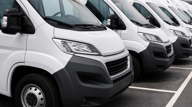 Row of white delivery vans parked neatly in parking area