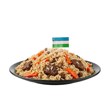 A plate of traditional Uzbek plov on transparent background with flag