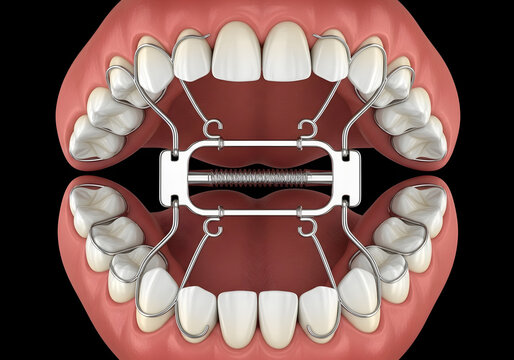 Orthodontic expander device fitted inside a human mouth, demonstrating jaw widening and alignment for dental correction.
