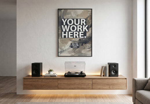 Vertical Poster Frame Mockup hangin on the wall in the room with turntable and audio speakers