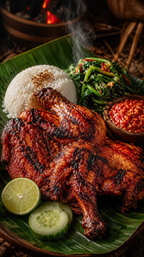 Ayam Taliwang chicken plated with lime slices and rich red sambal sauce.generative AI