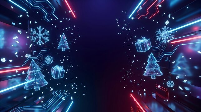 Digital 3d render of floating holographic christmas trees, gift boxes, and snowflakes in a dark tech space with red and blue neon light lines
