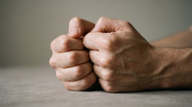 close up of male hands clenched into tight fists showing stress and anxiety