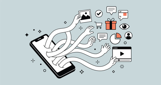 Smartphone multitasking vector illustration with hands managing digital content