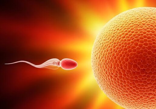 Microscopic view of a single human sperm cell approaching an egg for fertilization in a biological concept