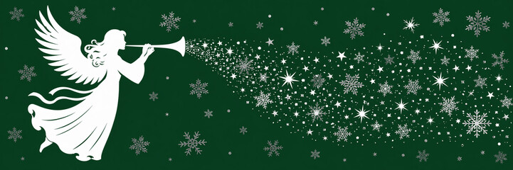 Obraz premium White angel blowing trumpet with snowflakes and stars on green background