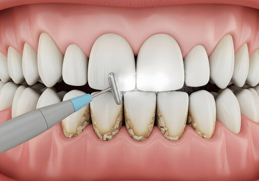 Close-up 3d rendering illustrating professional dental cleaning, with a scaler removing plaque and tartar from lower teeth, contrasting with clean upper teeth, emphasizing oral hygiene importance.