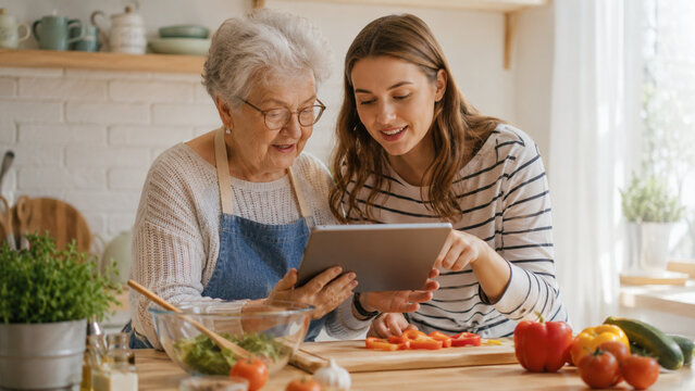 Granddaughter helping grandmother follow digital recipe on tablet
