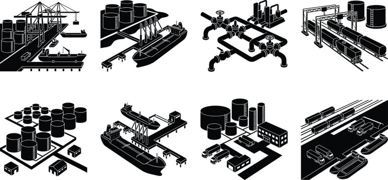 Isometric industrial oil and gas logistics icon set with black silhouettes of ports terminals and refineries