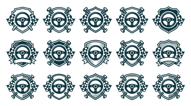 Set of 15 automotive racing emblem icons featuring steering wheels, shields, checkered flags, and crossed bolts in vintage monochrome style on white background for garage branding.