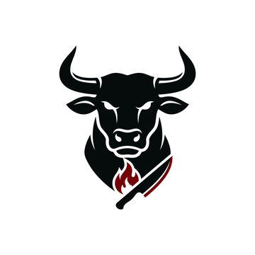 Black bull head mascot with fire and knife.