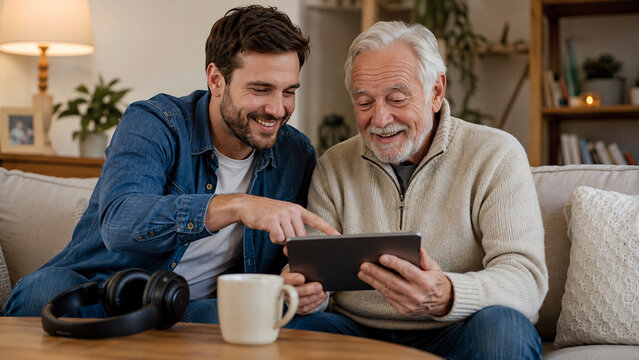 Son helping elderly father use music streaming on tablet