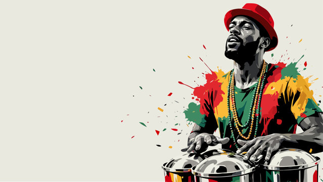 Notting Hill Carnival festival greeting banner with flat vector illustration of shirtless man playing conga drums on white background