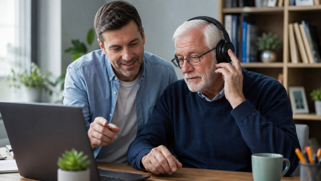 Son helping elderly father connect headphones for video call