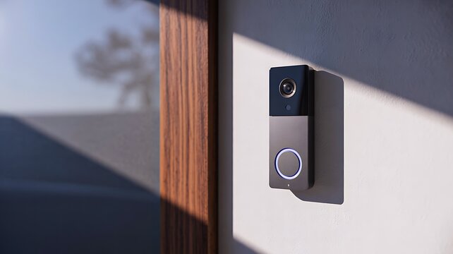 Modern smart video doorbell installed beside residential entrance