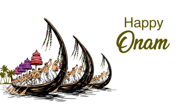 Happy Onam festival greeting banner with hand drawn sketch style vector illustration of Kerala snake boat race on white background