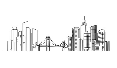 Obraz premium Continuous Line Art Modern Cityscape Vector Illustration with Urban Skyline Architecture for Smart City Development and Business Concepts