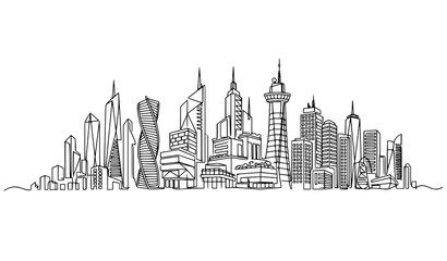 Naklejka premium Minimal Continuous Line Urban Skyline Vector Featuring Futuristic Architecture and Modern City Buildings for Development Projects
