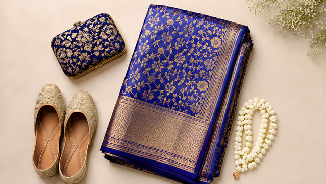 Traditional blue Banarasi silk saree flat lay with matching clutch, juttis, and pearl necklace.