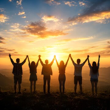 World Friendship Day Celebration with Happy Friends Holding Hands at Sunset
