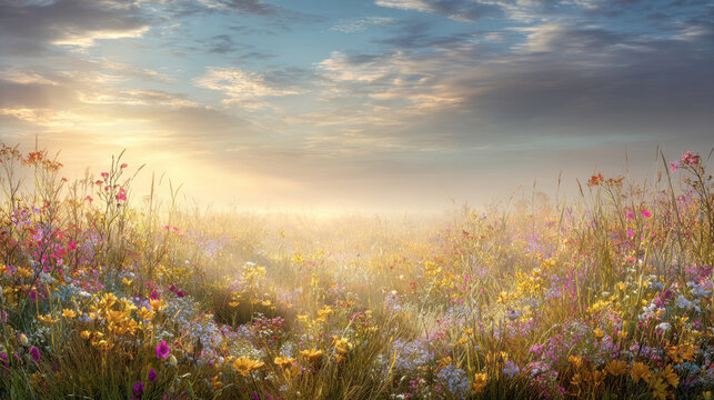Beautiful summer meadow blooming with colorful wild flowers at sunrise foggy morning light field of yellow and pink blossoms under dramatic sky soft ethereal nature background landscape