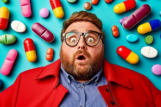 A man with glasses and a red jacket surrounded by colorful pills