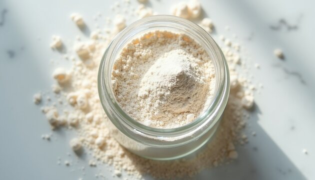 Fine white kaolin clay powder in glass jar. Dry cosmetic ingredient for skincare masks and face treatments. Natural detoxifying mineral for clean skin.