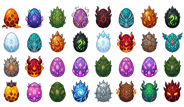 Cartoon dragon egg vector collection with magical fantasy fire eggs isolated on white background