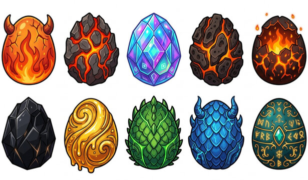 Fantasy dragon eggs clipart set with colorful magical fire shells isolated on white background