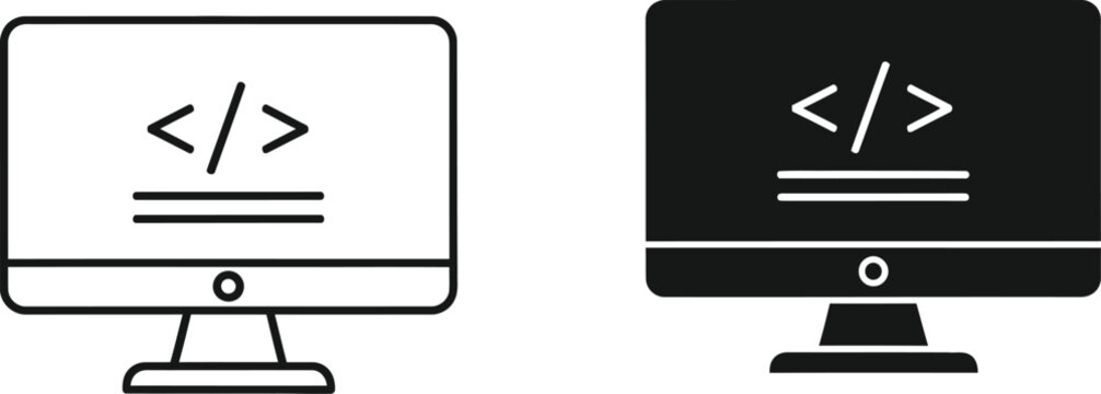 Two icons of a computer monitor displaying code symbols in both outline and solid black styles.