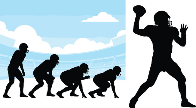 American football player silhouettes with a quarterback throwing a ball and players in line stance against stadium background vector