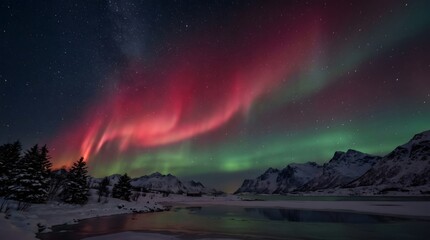 Fototapeta premium Dramatic aurora borealis over snowy norwegian landscape at night