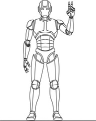 Fototapeta premium A simple black and white line art drawing of a futuristic humanoid robot making a peace sign hand