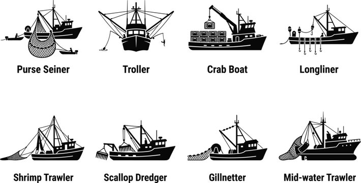 Commercial fishing boat icons set featuring purse seiner troller crab boat longliner shrimp trawler scallop dredger gillnetter and mid-water trawler
