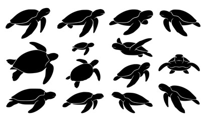 Black Sea Turtle Silhouettes Swimming Vector Collection Marine Life Set © Icon Zone
