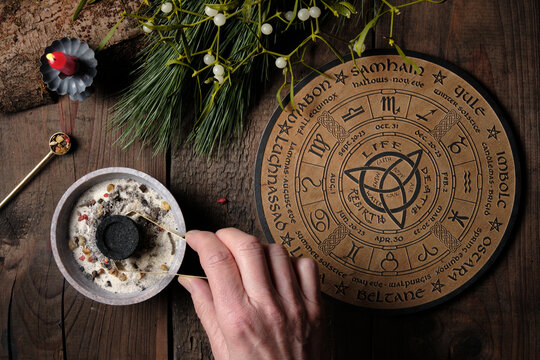 Preparation for a Wheel of the Year incense ritual - placing charcoal with tongs in a censer
