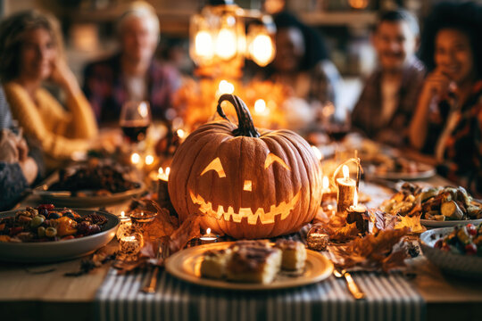 Friends having a cozy autumn dinner party with delicious food and wine on the table, carved pumpkin centerpiece and warm candle lighting