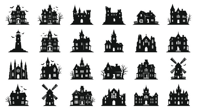 Spooky Haunted Houses and Windmills Silhouettes Collection