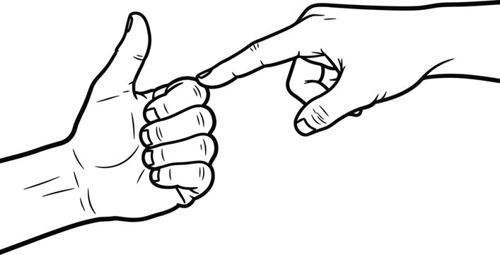 A black and white line art illustration showing two human hands touching each other gently.
