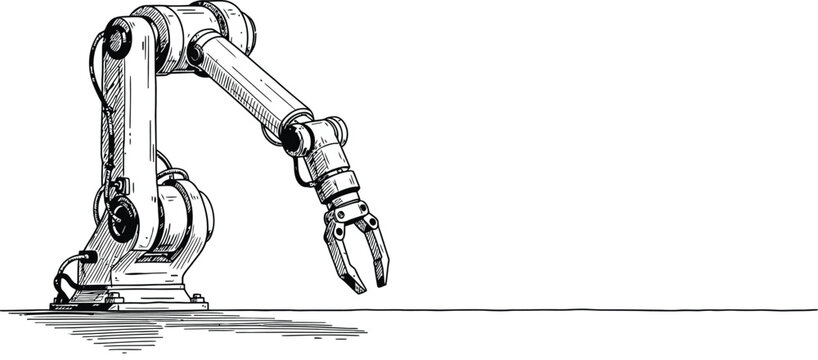 A detailed line drawing of an industrial robotic arm positioned on a flat surface in profile view.