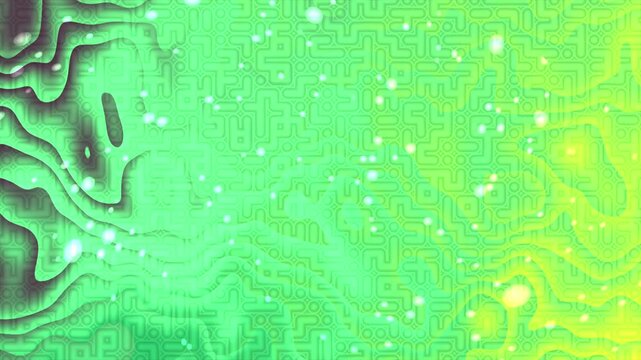 Vibrant green abstract digital background with glowing particles and fluid wavy patterns.